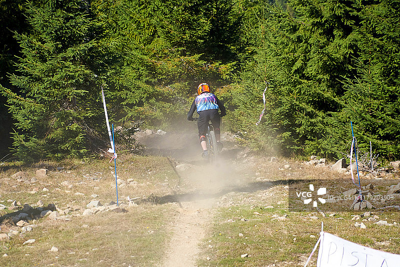 在罗马尼亚特兰西瓦尼亚Marisel森林小路上骑山地自行车的视角图片素材