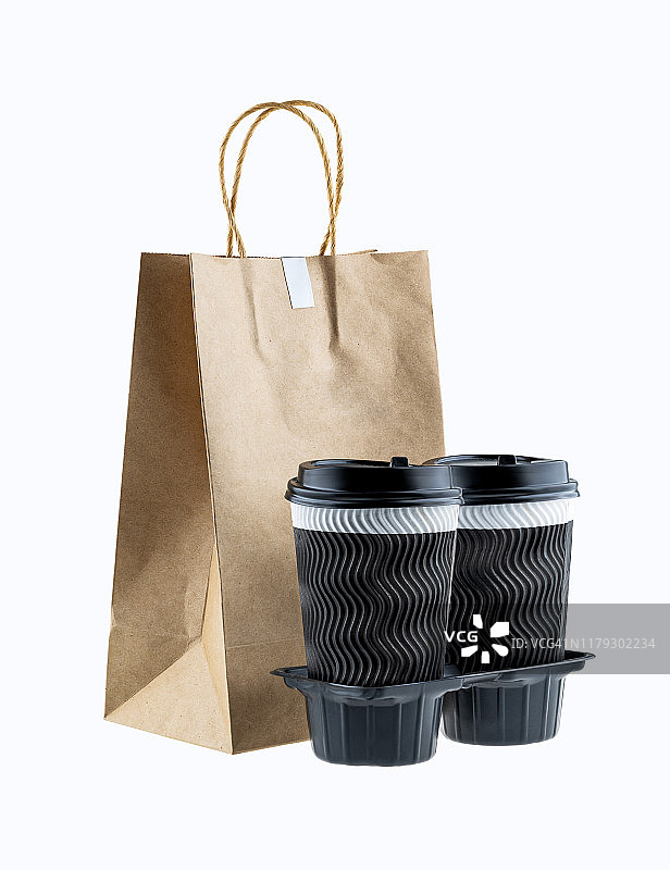 带有咖啡杯的再生牛皮纸购物袋图片素材