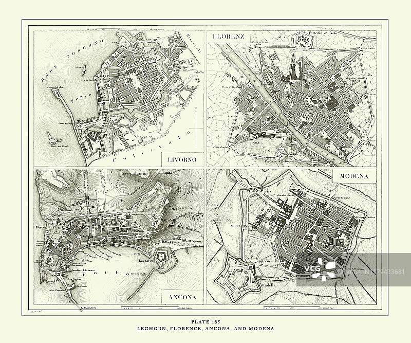 1851年出版的雕刻古董莱格霍恩、佛罗伦萨、安科纳和摩德纳插图图片素材