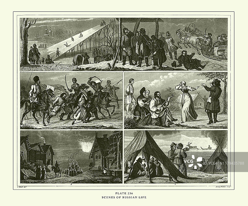 1851年古董雕刻：俄罗斯生活场景插图图片素材
