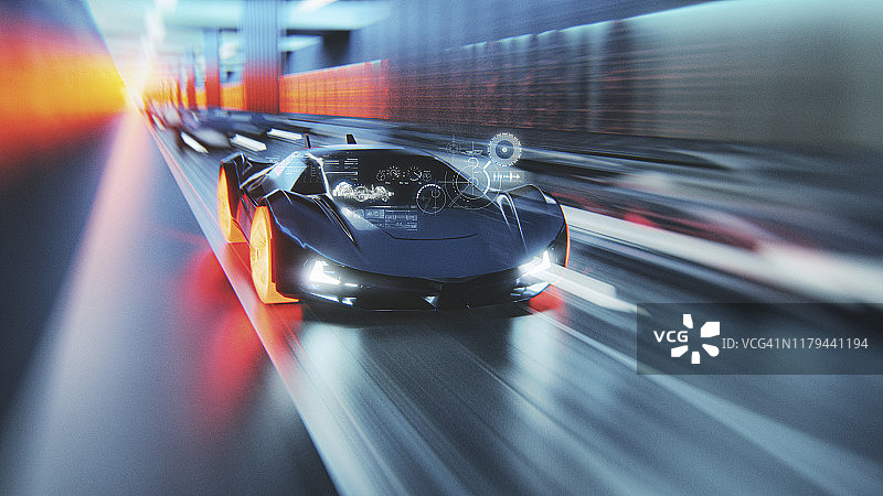 在城市高速公路上飞驰的未来主义概念跑车图片素材