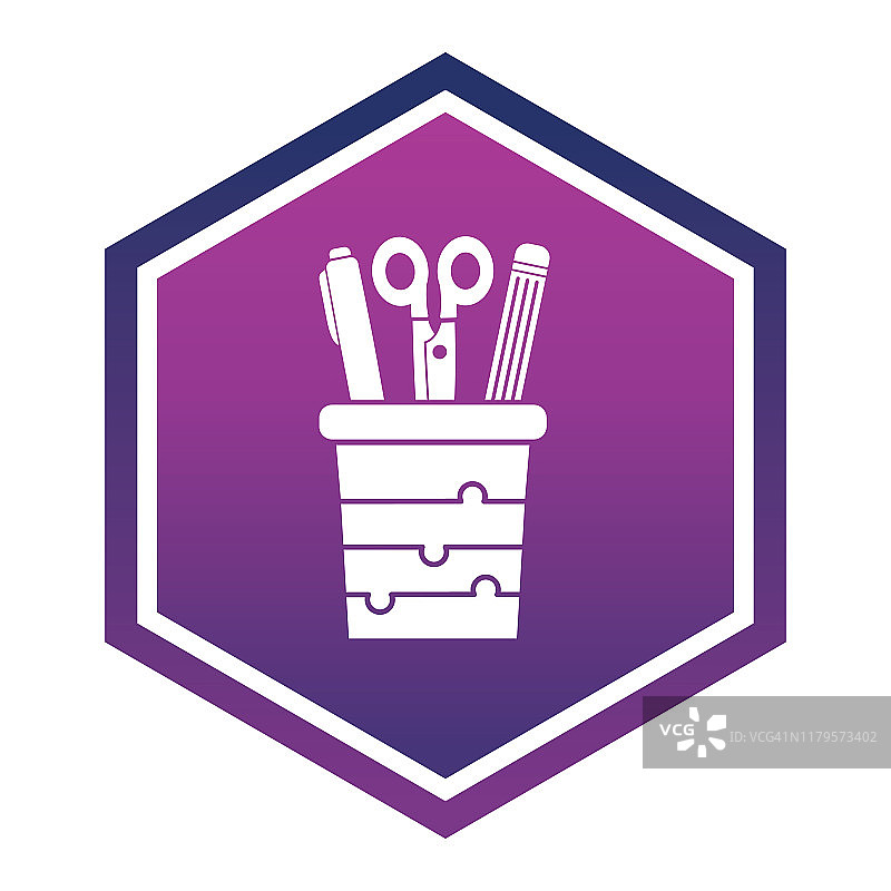 紫色渐变六边形背景上的返校季图标图片素材