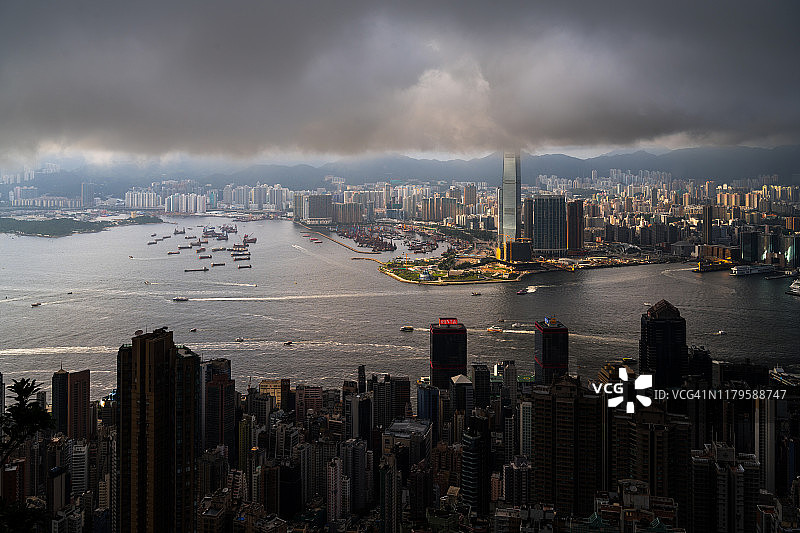 香港太平山顶维多利亚港日落景色图片素材
