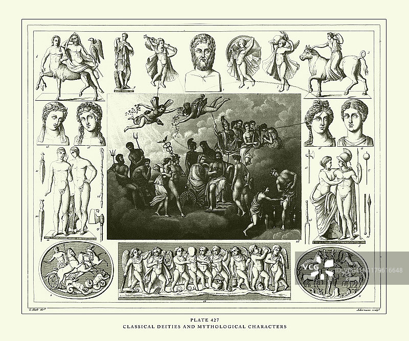 1851年出版的古典神祇和神话人物雕刻古董插画图片素材