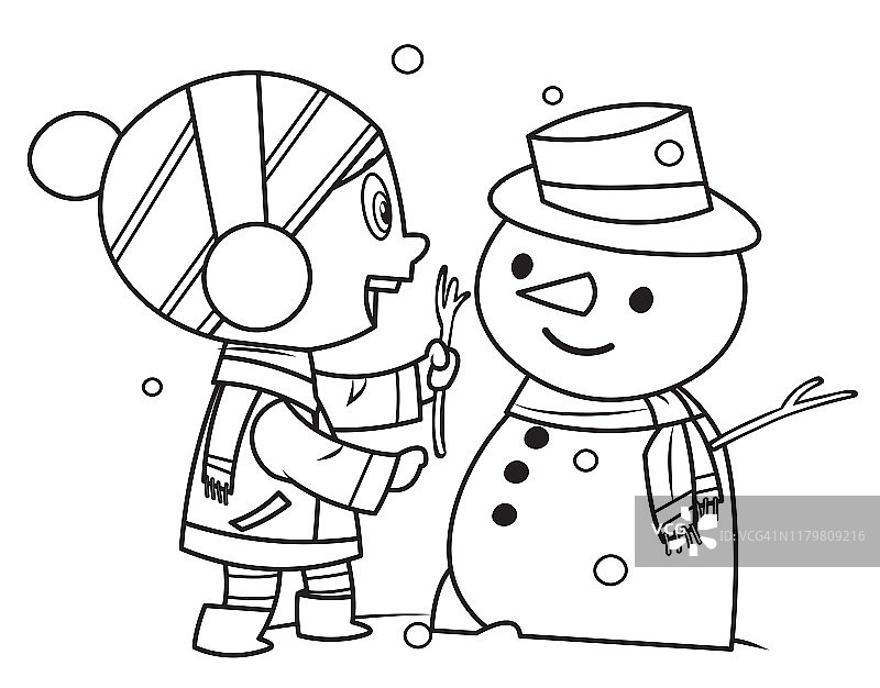 涂色本：堆雪人的女孩图片素材