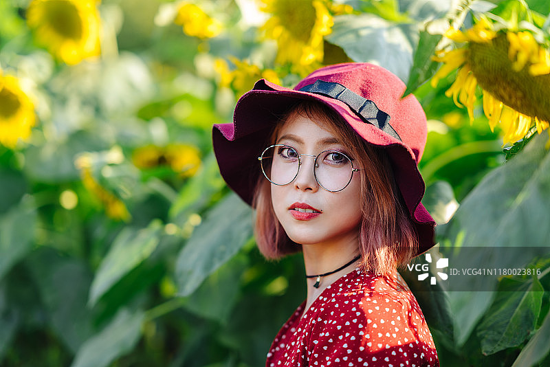 向日葵花田中年轻女人的肖像图片素材