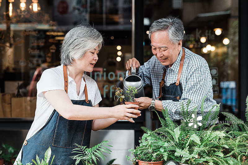 一对年长的夫妇在浇花图片素材
