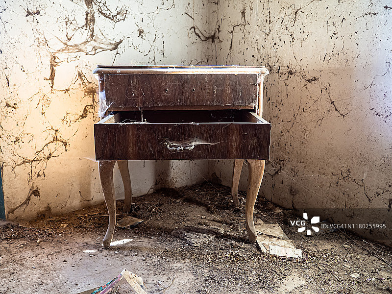 废弃房屋房间内床头柜，布满蜘蛛网、污垢、灰尘和碎屑，乡村人口减少概念图片素材