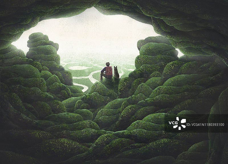 背包客和他的狗在自然景观中图片素材