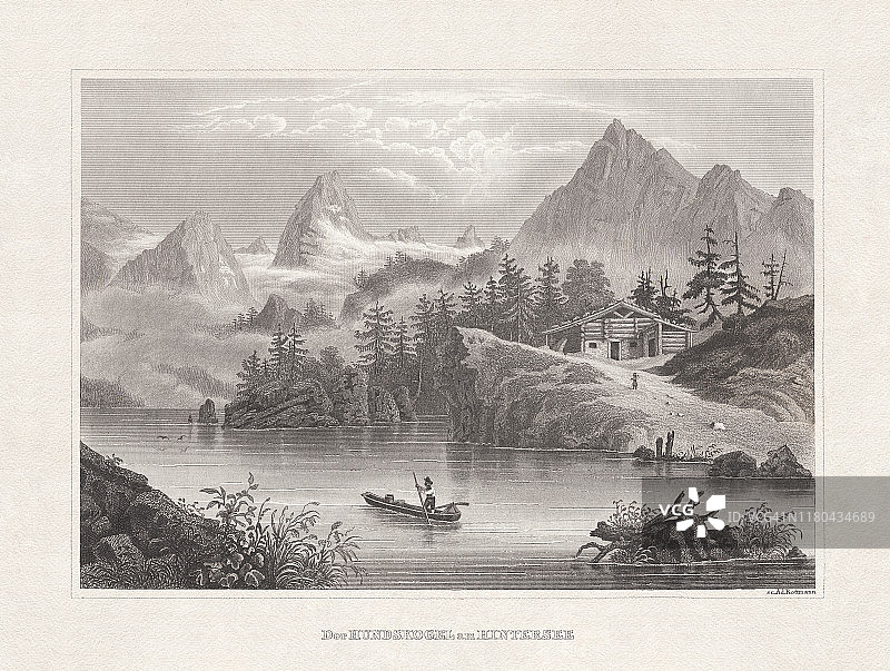德国巴伐利亚州辛特湖的洪斯克格尔山，1860年出版的钢版雕刻图片素材