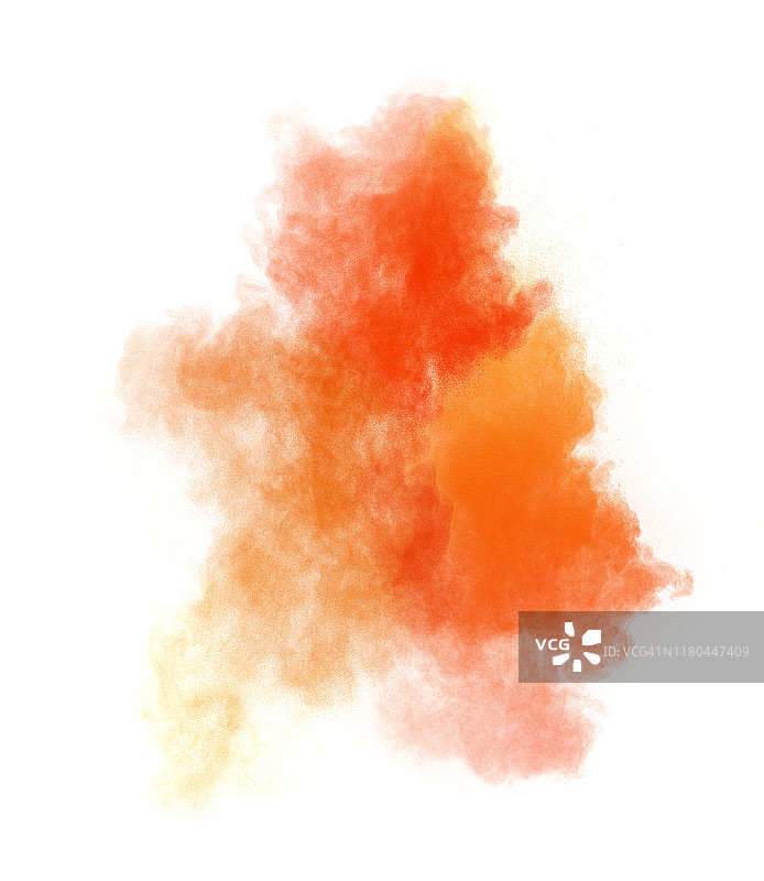 橙色粉末烟雾颗粒在白色背景上的爆炸冲击图片素材