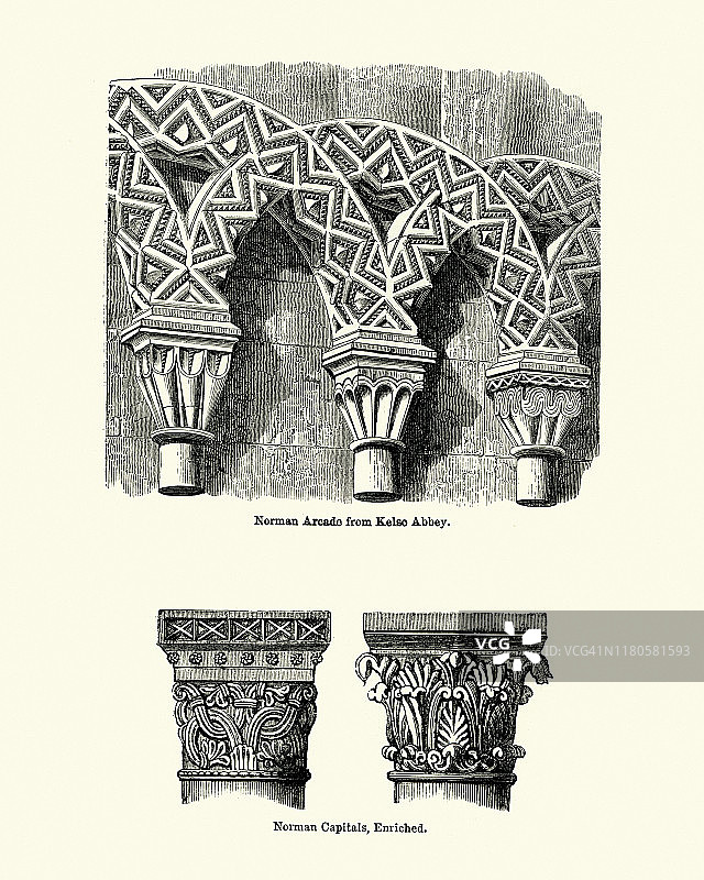诺曼建筑示例：柱头，拱廊图片素材