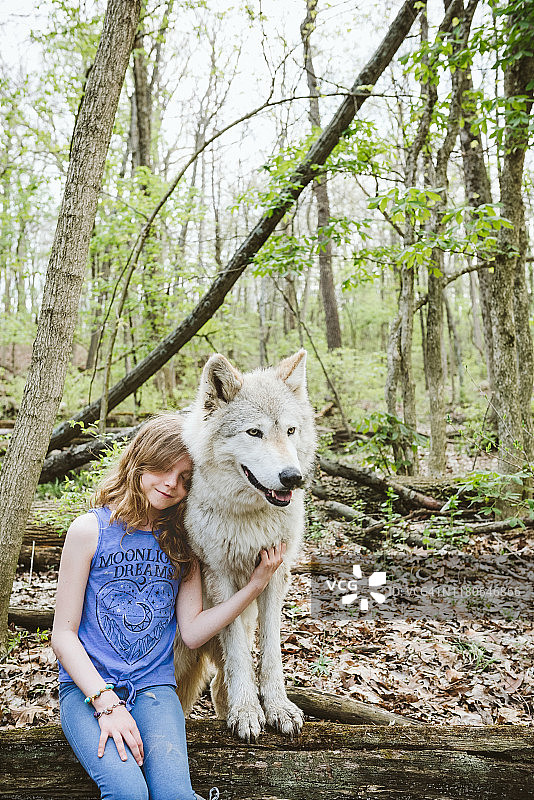 与白狼在一起的金发女孩图片素材