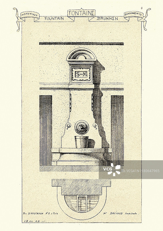 19世纪巴黎的新古典主义法式建筑喷泉设计图片素材