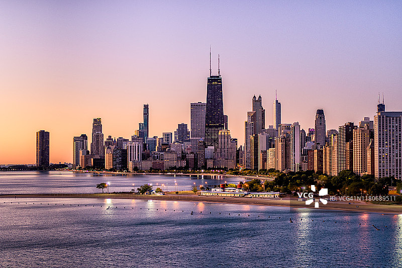芝加哥城市风光与北大道海滩图片素材