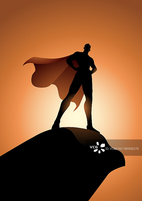 站在滴水嘴兽上的超级英雄剪影的低角度视图矢量图图片素材