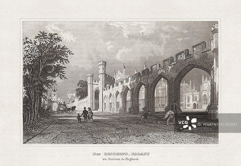 达勒姆奥克兰城堡主教宫殿（英格兰），1860年钢版雕刻图片素材