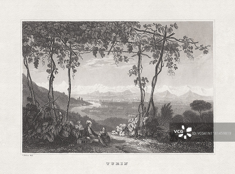 1857年出版的意大利都灵历史景观钢版画图片素材