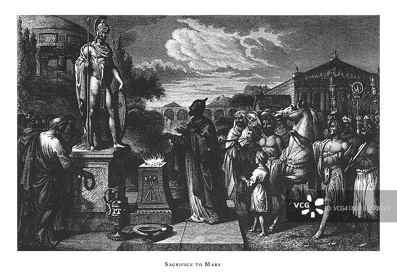 献祭给玛尔斯、阿波罗，献祭给玛尔斯；其他神话人物雕刻古董插图，出版于1851年图片素材