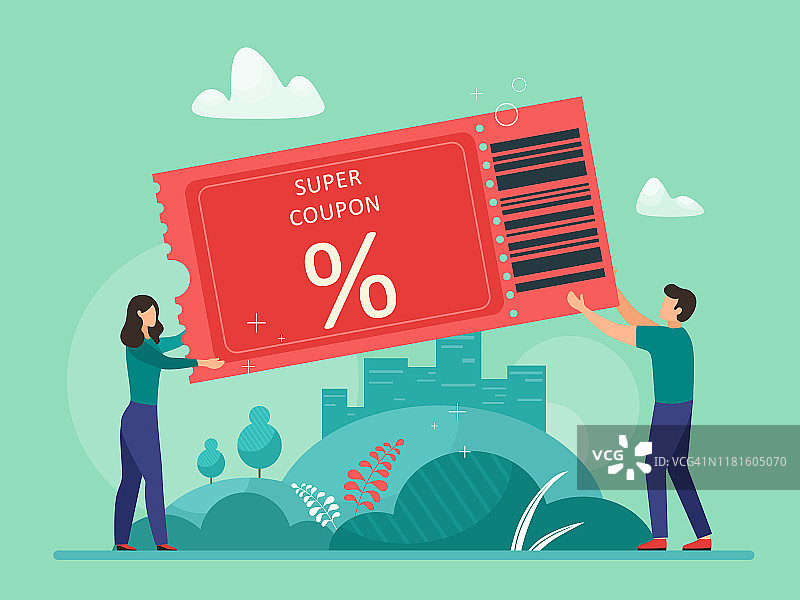 优惠券矢量素材：用于折扣、代金券、促销和广告以吸引顾客的概念、优惠购买、高息折扣卡通扁平风格矢量素材图片素材