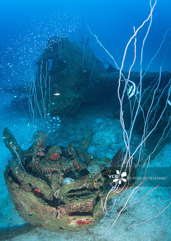 比基尼环礁萨拉托加号航空母舰上的地狱俯冲者二战飞机，马绍尔群岛图片素材
