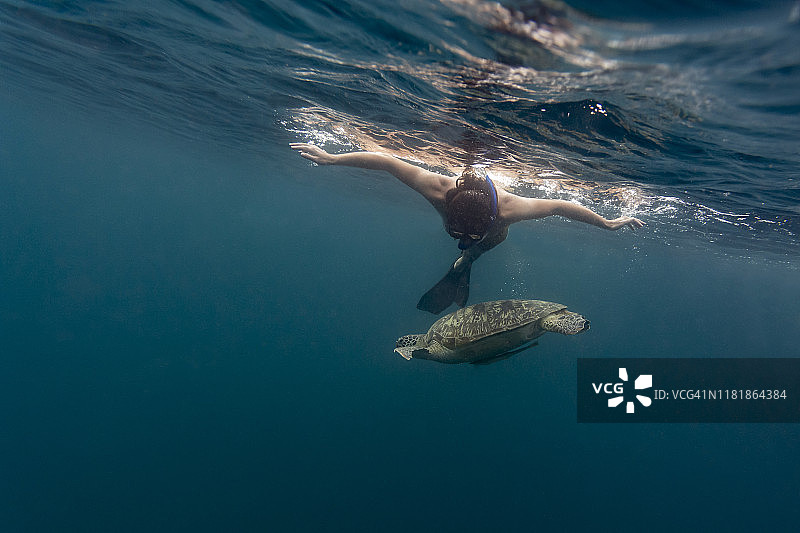 男子在巴厘岛吉利岛与海龟潜水图片素材