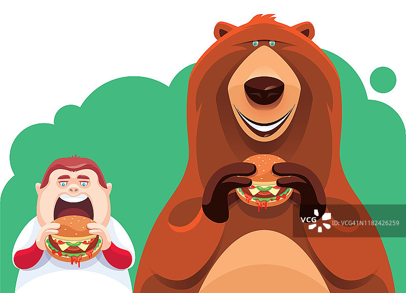 熊和孩子吃汉堡图片素材