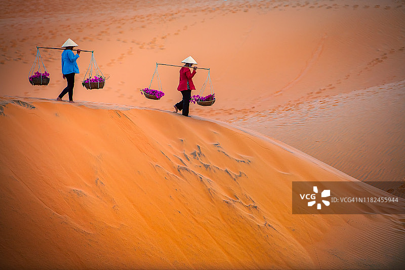 在美奈红沙丘身穿越南传统服饰奥黛的越南女人图片素材