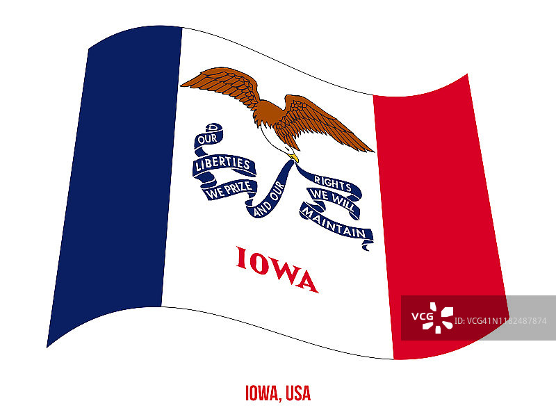 白色背景上的爱荷华州旗帜飘扬矢量图，美国州旗图片素材