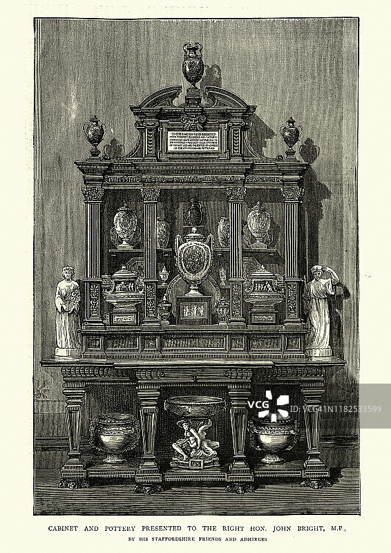 维多利亚时代的家具、展示柜和陶器，19世纪图片素材