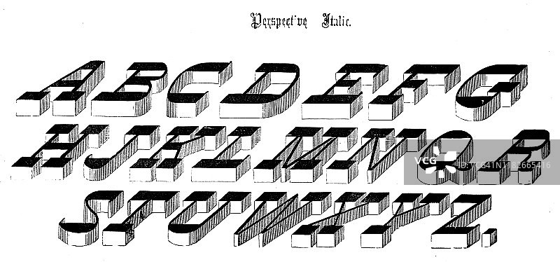 古董原始打字机字体字母：透视斜体图片素材