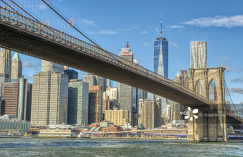 从纽约市布鲁克林区DUMBO看到的曼哈顿市中心、布鲁克林大桥和世界贸易中心图片素材