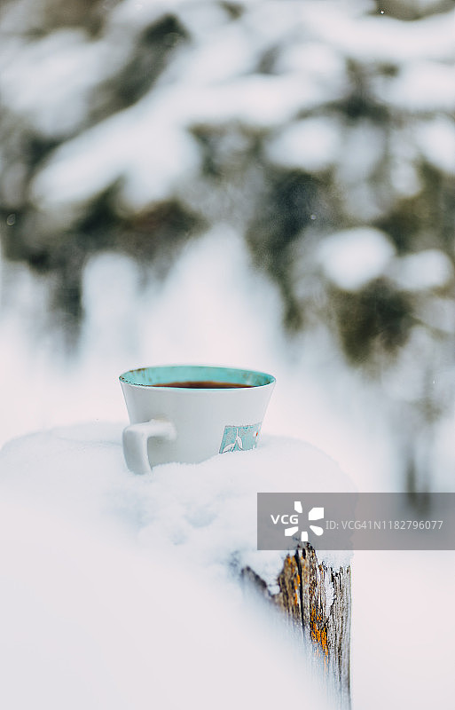 雪林中树桩上的热咖啡图片素材