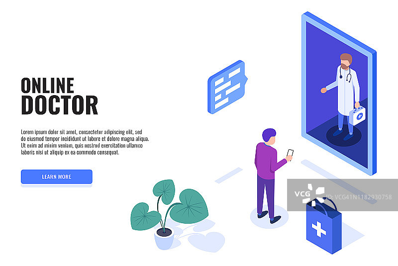 在线医药概念：患者与男医生2.5D网页横幅图片素材