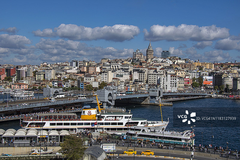 从土耳其伊斯坦布尔埃米诺努广场看到的加拉塔大桥、加拉塔和埃米诺努广场图片素材
