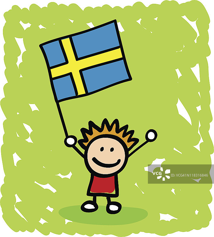 带有瑞典国旗卡通形象的孩子图片素材