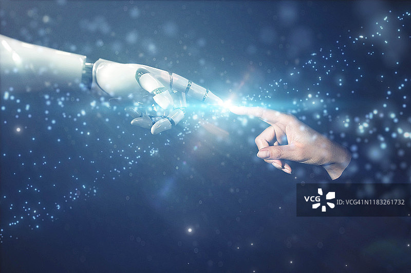 AI机器人手指触摸人类手指图片素材