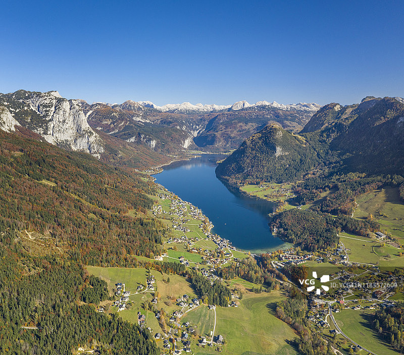 奥地利施蒂利亚州格伦德尔湖的秋色图片素材