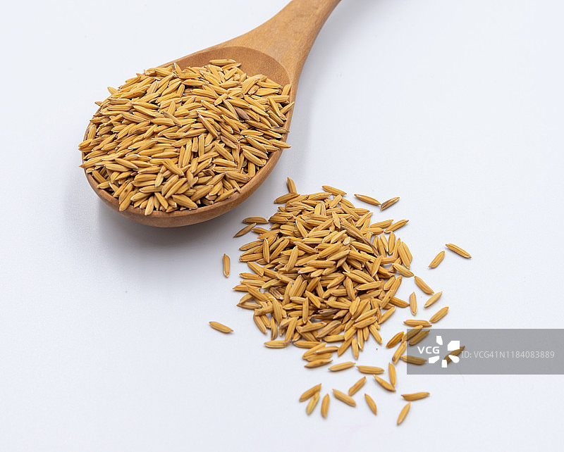 稻米背景上的木勺米饭和未碾磨的稻谷图片素材