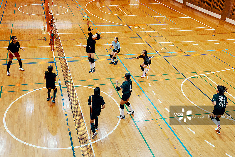 年轻女孩们在排球团队训练中玩游戏图片素材