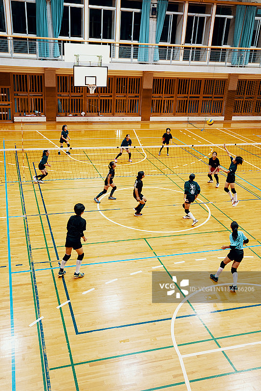 年轻女孩们在排球团队训练中玩游戏图片素材