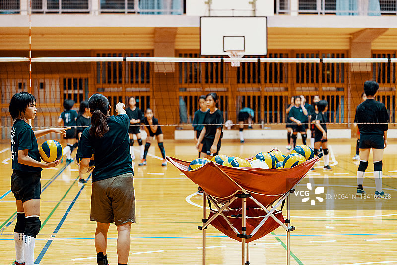 女教练指导年轻女孩排球训练图片素材