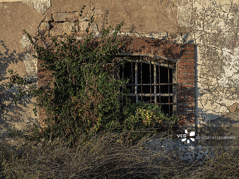 萨拉曼卡省废弃房屋的格子木窗（西班牙），乡村人口减少概念图片素材