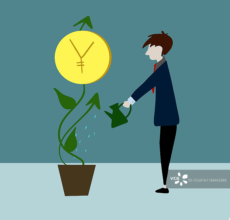 穿西装的男人用日元给植物浇水图片素材