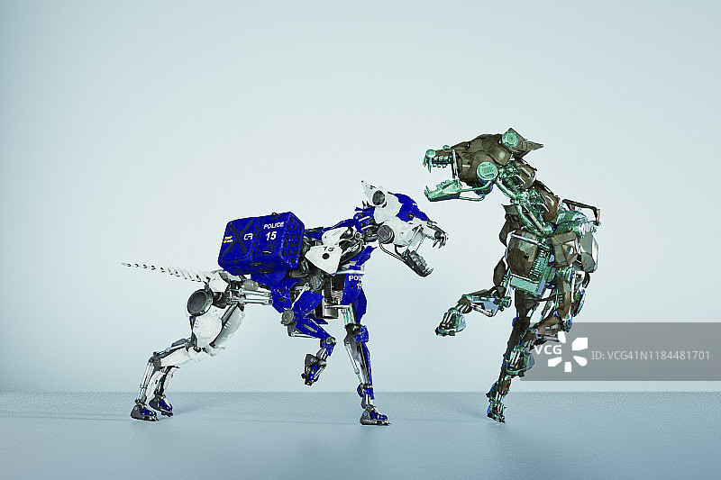 机器人警犬与生锈的机器狗搏斗图片素材
