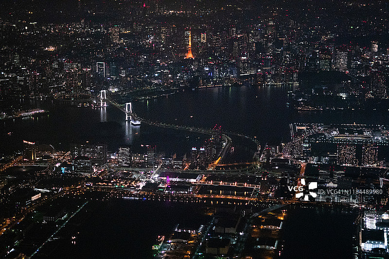 飞机航拍：东京塔、彩虹桥和东京湾图片素材