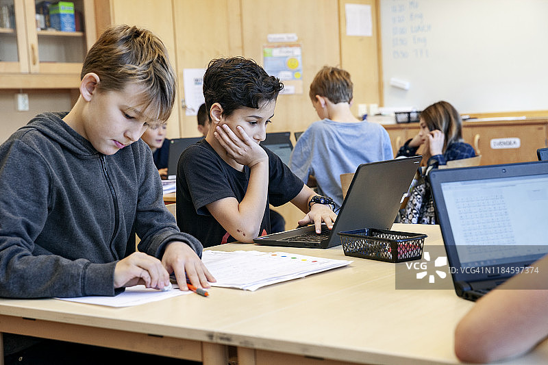 男孩们在学校使用笔记本电脑图片素材