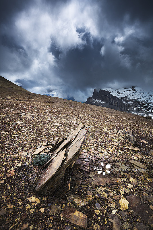 加拿大艾伯塔省班夫国家公园城堡山后方山脊上的破碎页岩图片素材