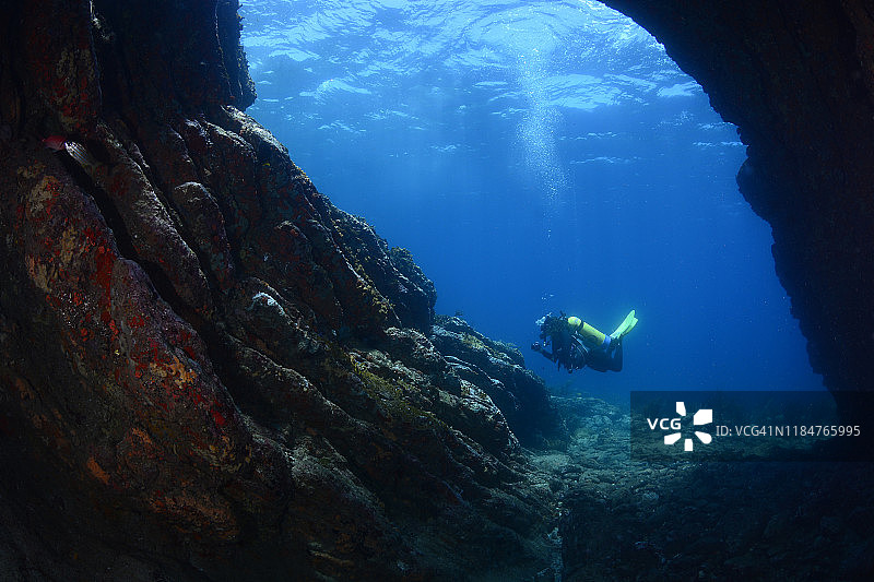 水下洞穴与潜水员图片素材