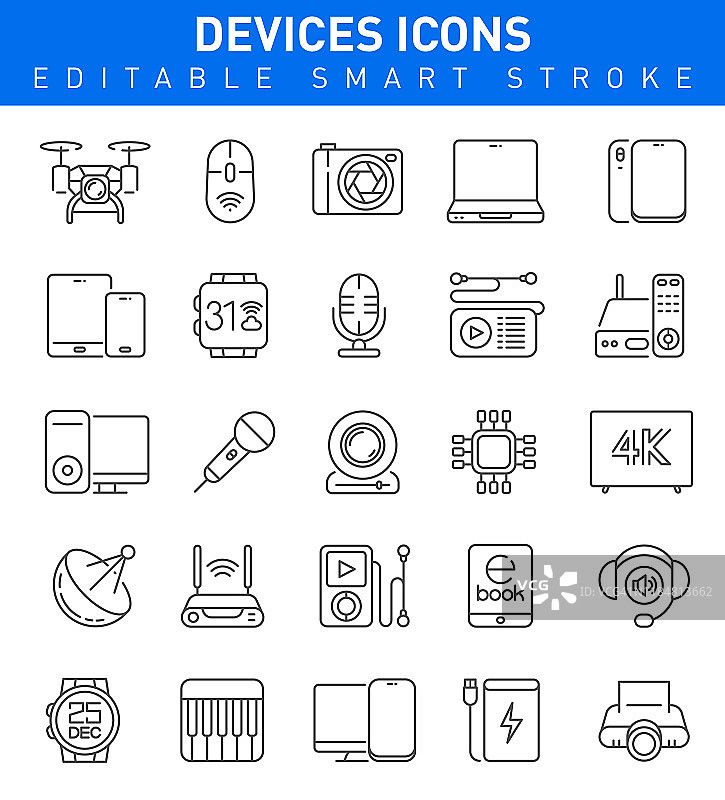 设备图标。可编辑的矢量笔画集合图片素材